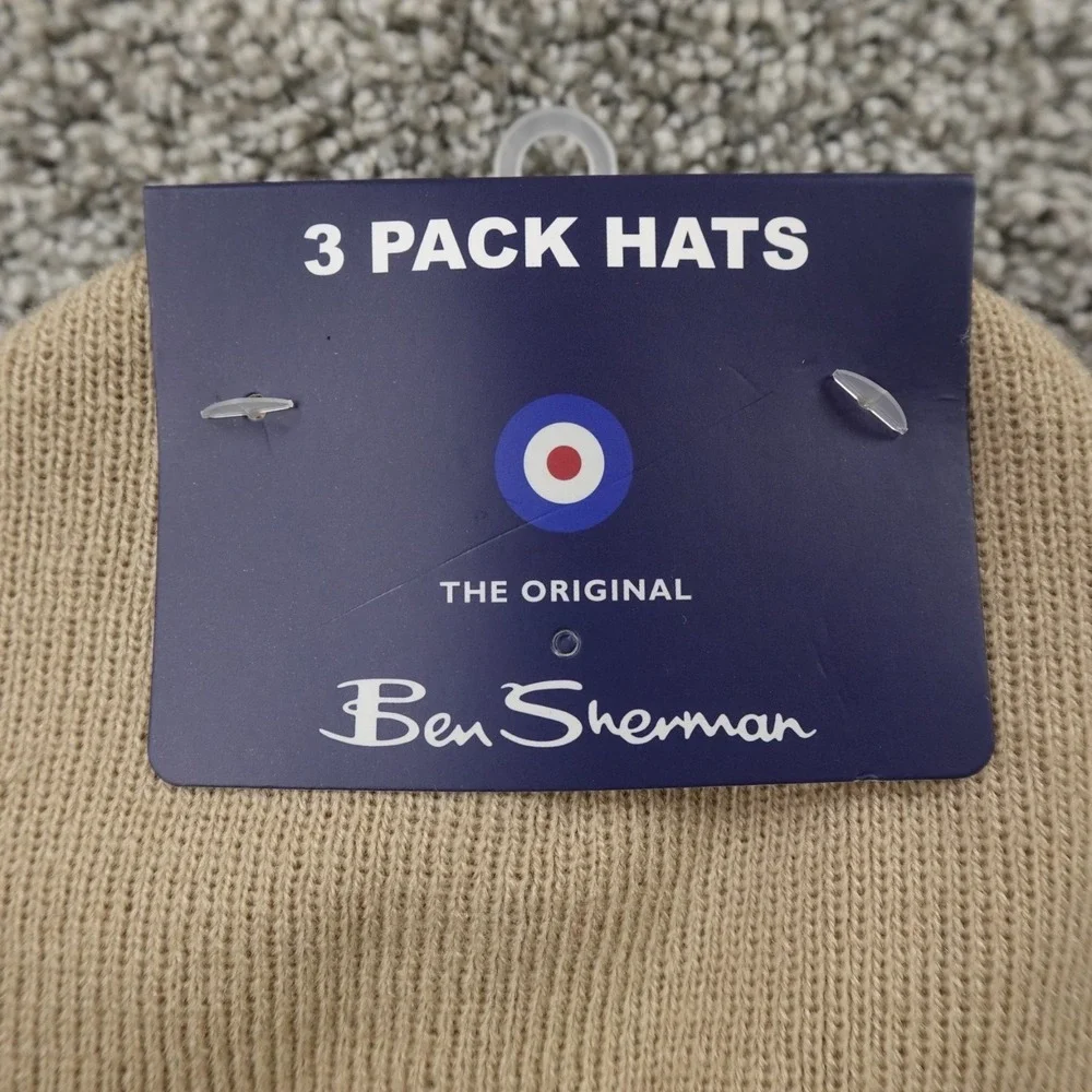 NEW Ben Sherman Hat‎ Beanie Cap Mens One Size Green Black Beige Knit 3 Pack Warm